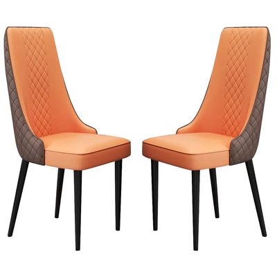 WKWKW Kitchen Micro Fiber Dining Chairs Set of 2 Kitchen Living Room Lounge Counter Chairs Sturdy Carbon Steel Metal Legs(Orange+Brown,Black Feet)