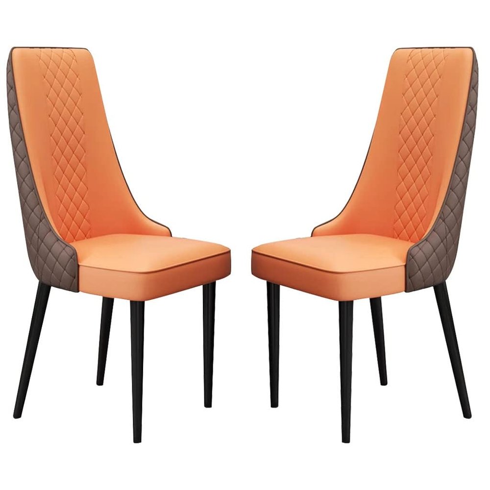 WKWKW Kitchen Micro Fiber Dining Chairs Set of 2 Kitchen Living Room Lounge Counter Chairs Sturdy Carbon Steel Metal Legs(Orange+Brown,Black Feet)