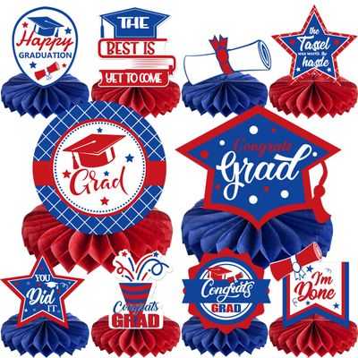 2026 Graduation Party Decorations 10PCS Red Blue Graduation Honeycomb Centerpieces Congrats Grad Honeycomb Table Centerpieces Class of 2026 3D Table Topper Decor for Graduation Party Favor Supplies