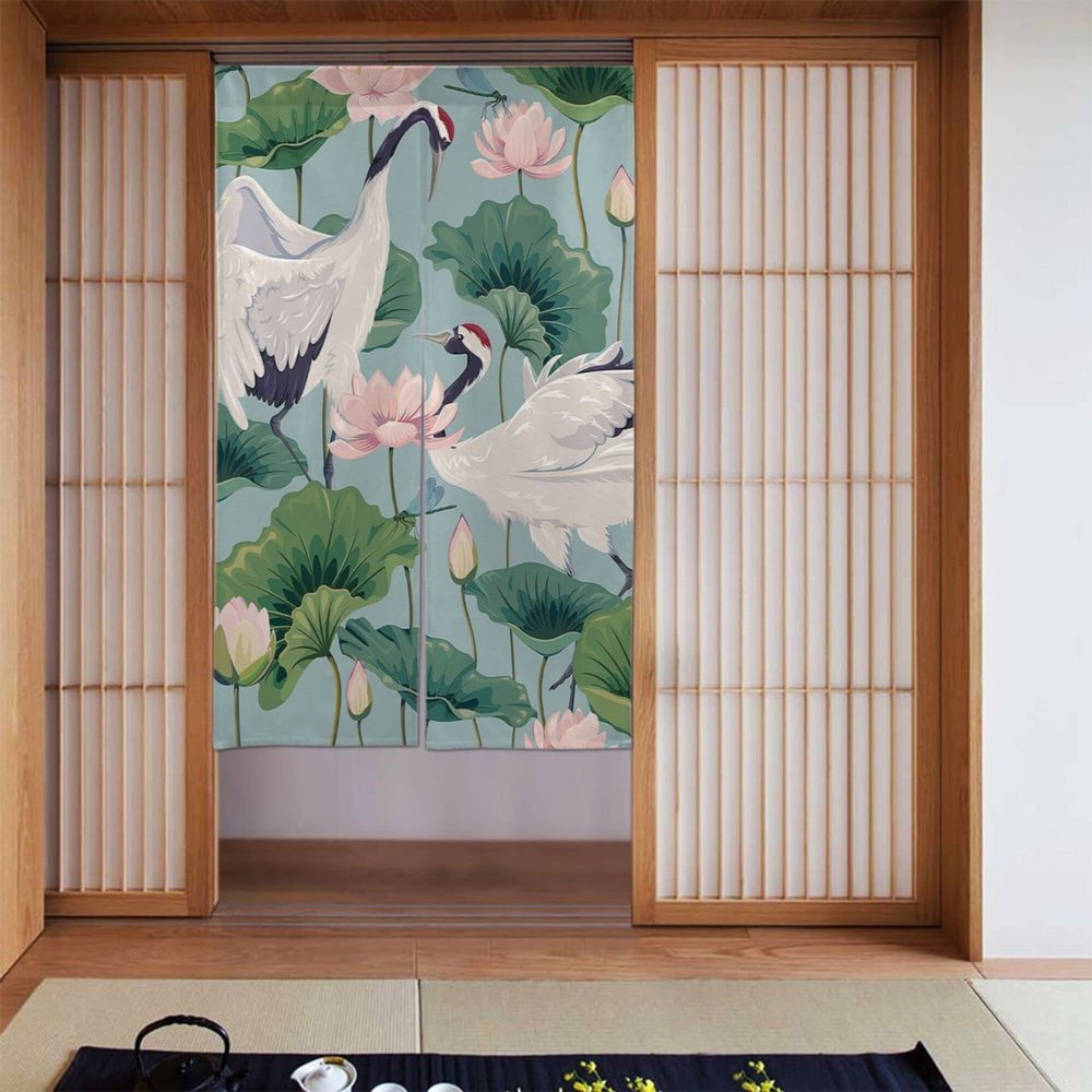 JCETUNO Chinese Japanese Noren Doorway Curtain Linen Printed Hanging Door Tapestry for Sushi Kitchen Home Decoration,Wide 43",Crane