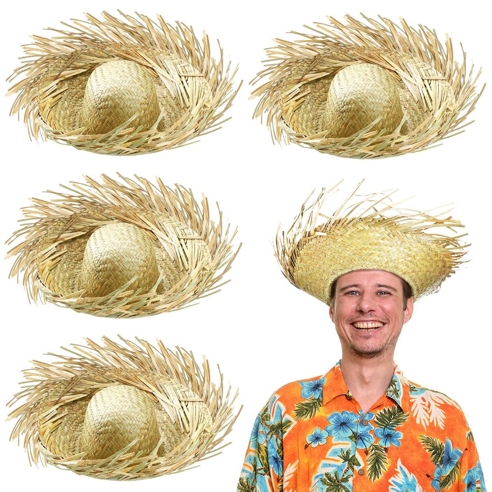 Patelai 4 Pcs Hawaii Straw Hat Pava Hat Puerto Rico Pava Scarecrow Costume Accessory Beachcomber Panama Hats for Costume(Dark,Classic Style)