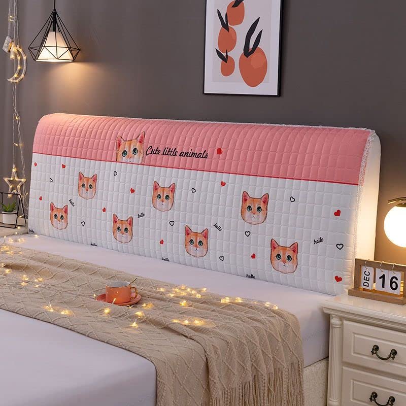 Cartoon Bed Headboard Slipcover for Kid Room, Quilted Old Bed Headboard Cover Dustproof Protector Cover for Queen King Full Twin Cal King Size-Pink cat||Queen:150cm/59in