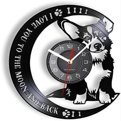 Decorative Clocks 30cm I Love You to The Moon and Back Welsh Corgi Vinyl Record Wall Clock Home Decor Corgi Puppy Dog Pet Silent Non Ticking Wall Watch