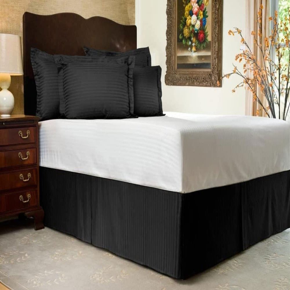 BEDICIA 1 Pc Luxurious Box Plated Bed Skirt 15 Inch Drop Pocket Easy to Put On-100% Egyptian Cotton Dust Ruffle Easy Care Fade & Wrinkle Resistant (Black Stripe,Queen Size)