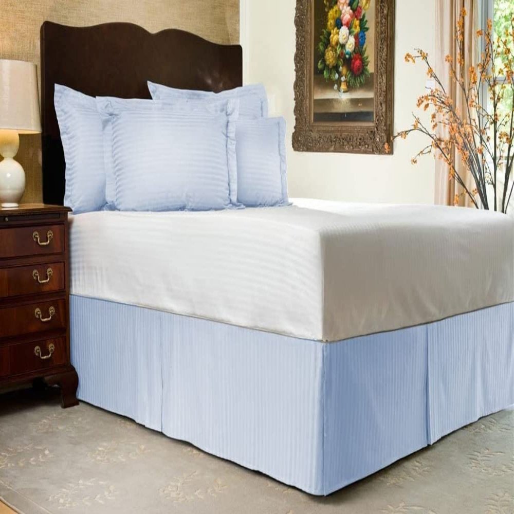 BEDICIA 1 Pc Luxurious Box Plated Bed Skirt 15 Inch Drop Pocket Easy to Put On-100% Egyptian Cotton Dust Ruffle Easy Care Fade & Wrinkle Resistant (Light Blue Stripe,Cal King Size)