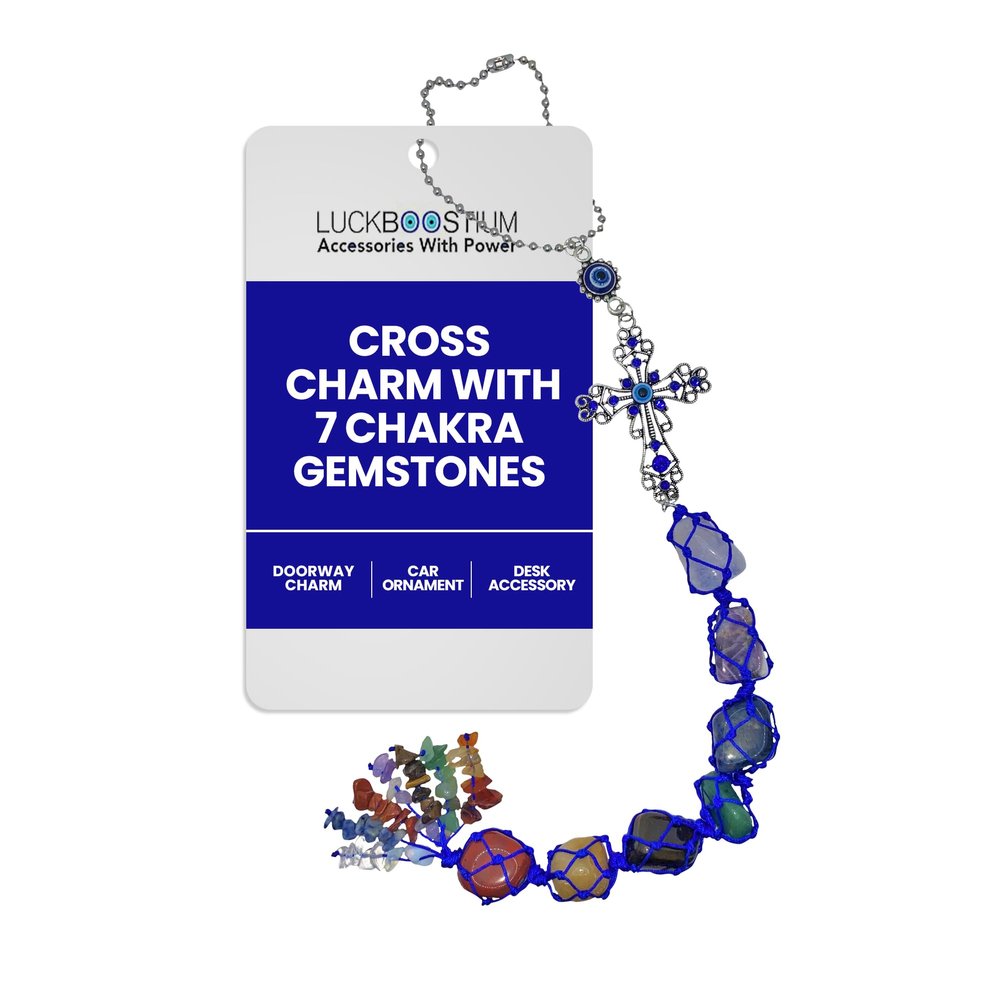 LUCKBOOSTIUM Evil Eye Cross with 7 Chakra Hanging Charm and Gemstones - Evil Eye Keychain for Divine Protection, Decorative Spiritual Car Rear View Mirror Accessories, Purse, Home and Office Ornaments