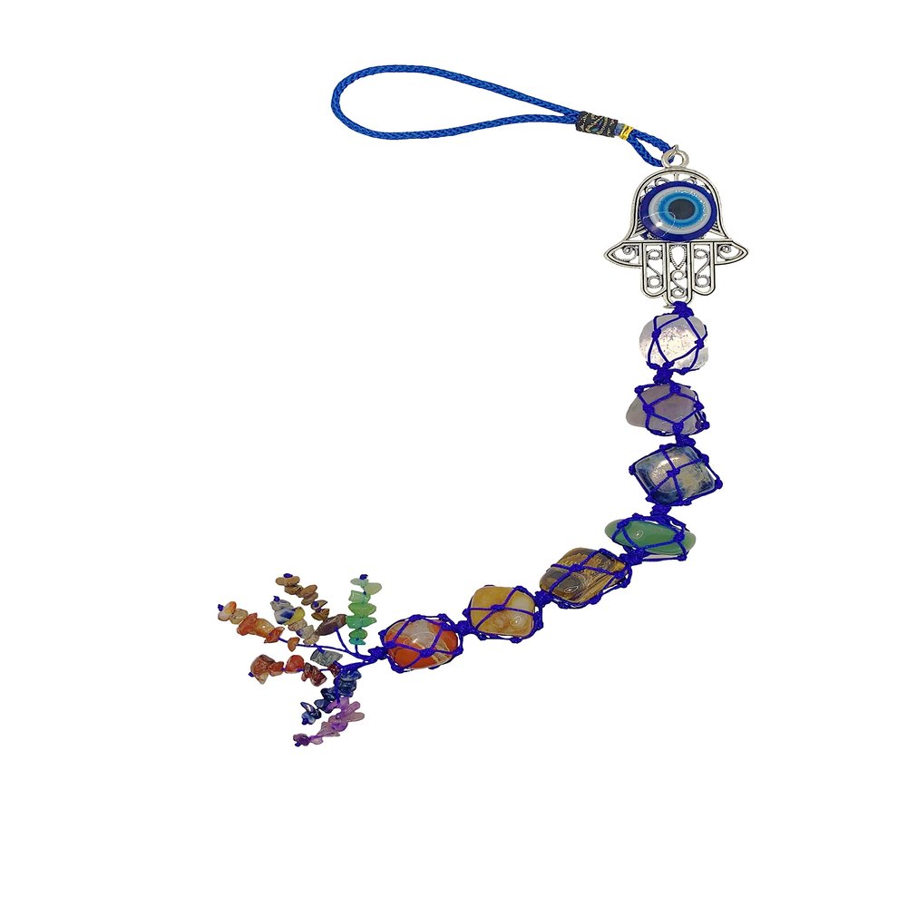 LUCKBOOSTIUM Hamsa Hand Evil Eye with 7 Chakra Hanging Charm and Gemstones - Evil Eye Keychain for Divine Protection, Spiritual Car Rear View Mirror Accessories, Purse, Home and Office Ornaments