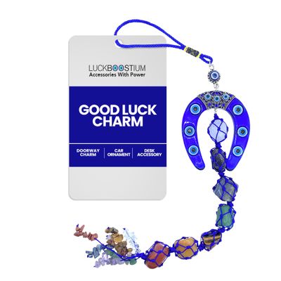 LUCKBOOSTIUM Evil Eye Horseshoe with 7 Chakra Hanging Tassels & Gemstone - Good Luck Charm Keychain, Happiness & Protection, Evil Eye Car Hanging Ornament, Spiritual Rear View Mirror Accessories
