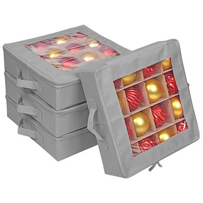 ProPik 4 Pcs Christmas Ornament Storage Boxes with Dividers, Transparent Top Zipper Closure, 4 Individual Ornament Holder Trays, Keeps 64 Holiday Ornaments, Ornament Organizer Storage Box (Gray)