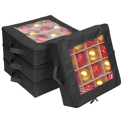 ProPik 4 Pcs Christmas Ornament Storage Boxes with Dividers | 4 Individual Trays Hold 64 Holiday Decoration Balls | Durable Ornaments Organizer Storage Box | Zippered Closure with Handles (Black)