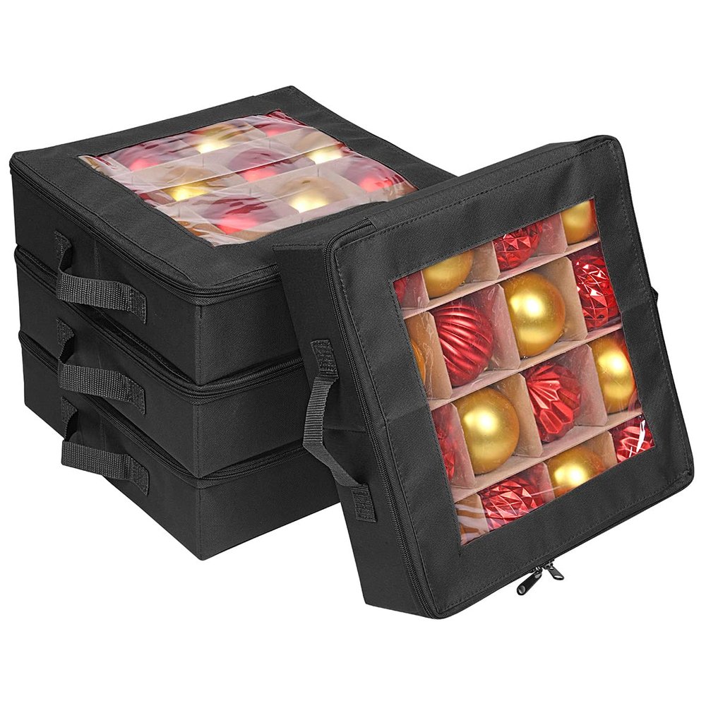 ProPik 4 Pcs Christmas Ornament Storage Boxes with Dividers | 4 Individual Trays Hold 64 Holiday Decoration Balls | Durable Ornaments Organizer Storage Box | Zippered Closure with Handles (Black)