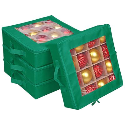 ProPik 4 Pcs Christmas Ornament Storage Boxes with Dividers | 4 Individual Trays Hold 64 Holiday Decoration Balls | Durable Ornaments Organizer Storage Box | Zippered Closure with Handles (Green)