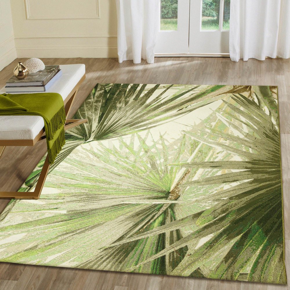 Liora Manne Marina Indoor/Outdoor Power Loomed Synthetic Blend Low Profile Area Rug - Transitional Graphic Botanical Beach Colorful (Palm Fan Green) (7'10" x 9'10")