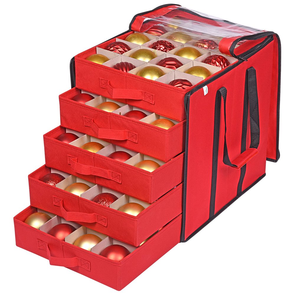 ProPik Christmas Ornament Storage Boxes with Dividers - 5 Separate Trays - Ornament Holder - Keeps 100 Holiday Ornaments - Durable Carrying Bag Handles Organizer Storage Box (Red)