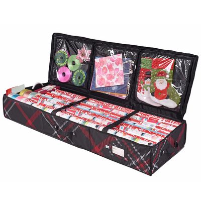 Propik Wrapping Paper Storage Container | Gift Wrap Organizer Under Bed | 41x14x6 | Box Holder for 18-24 Rolls Up to 40 | 600D Oxford Material | Pockets for Ribbon, Bows and Accessories (Plaid)