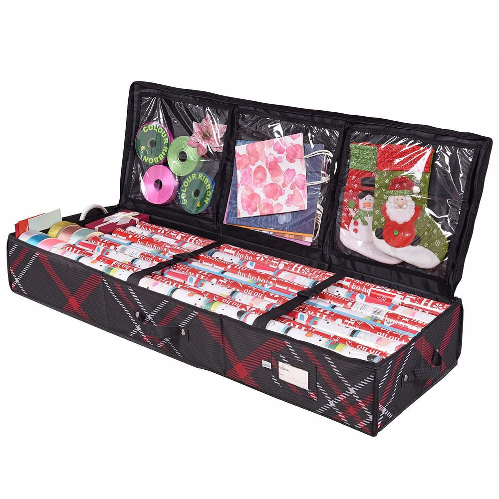 Propik Wrapping Paper Storage Container | Gift Wrap Organizer Under Bed | 41x14x6 | Box Holder for 18-24 Rolls Up to 40 | 600D Oxford Material | Pockets for Ribbon, Bows and Accessories (Plaid)