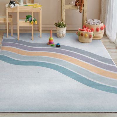Well Woven Kids Rugs Curved Rainbow 6' x 9' Multi Grey Kids Area Rug