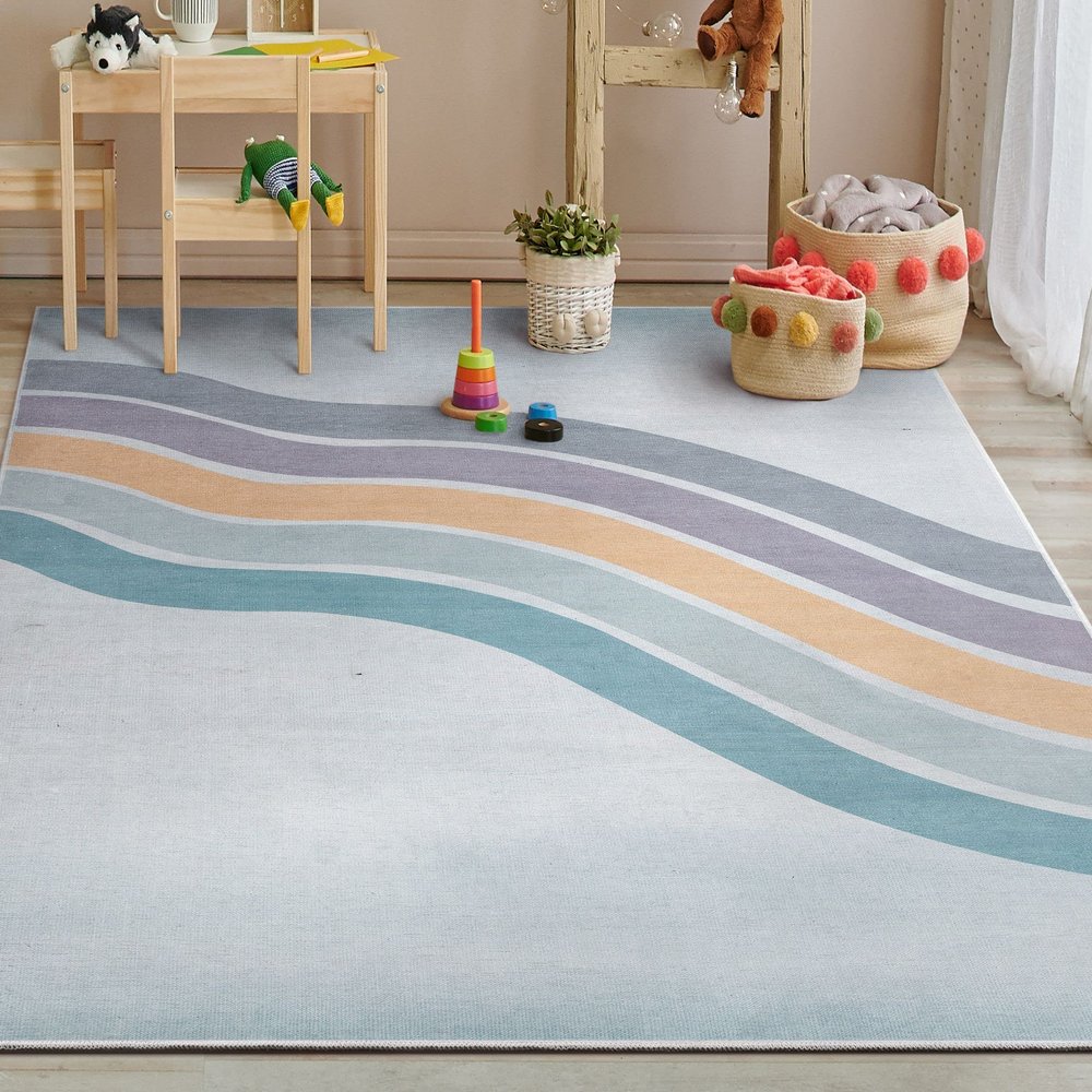 Well Woven Kids Rugs Curved Rainbow 6' x 9' Multi Grey Kids Area Rug