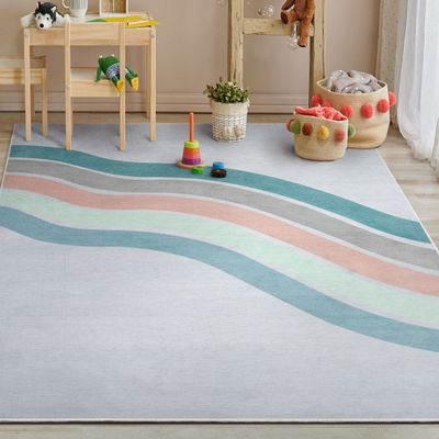 Well Woven Kids Rugs Curved Rainbow 6' x 9' Multi Teal Kids Area Rug