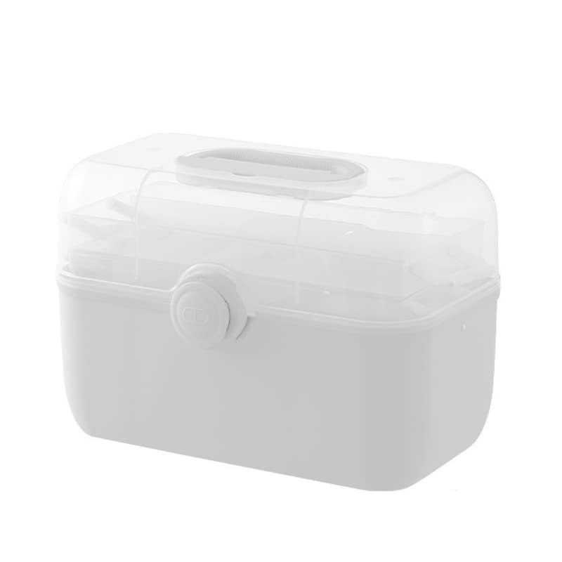 Pilipane First Aid Box, Plastic Removable 3-Tier Fold Tray Pill Case Portable Handled Medicine Storage Organizer Box Empty Tackle Bin for Home School Office, L, White