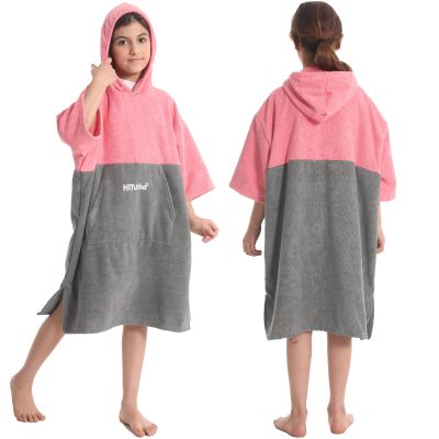 Hiturbo Kids Changing Towel Hoodie: Absorbent Quick Dry Surf Poncho, 3/4 Sleeve Microfiber Bath Towels for Beach Pool (Pink/Gray)