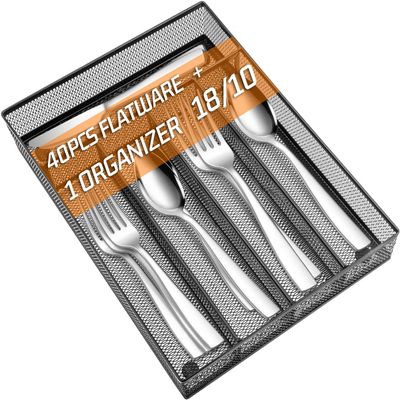18/10 Stainless Steel Silverware Set with Flatware Drawer Organizer, HaWare 40-Piece Durable Cutlery Set for 8, Fancy Kitchen Utensils Tableware Service with Dinner Fork Knife Spoon & Tray