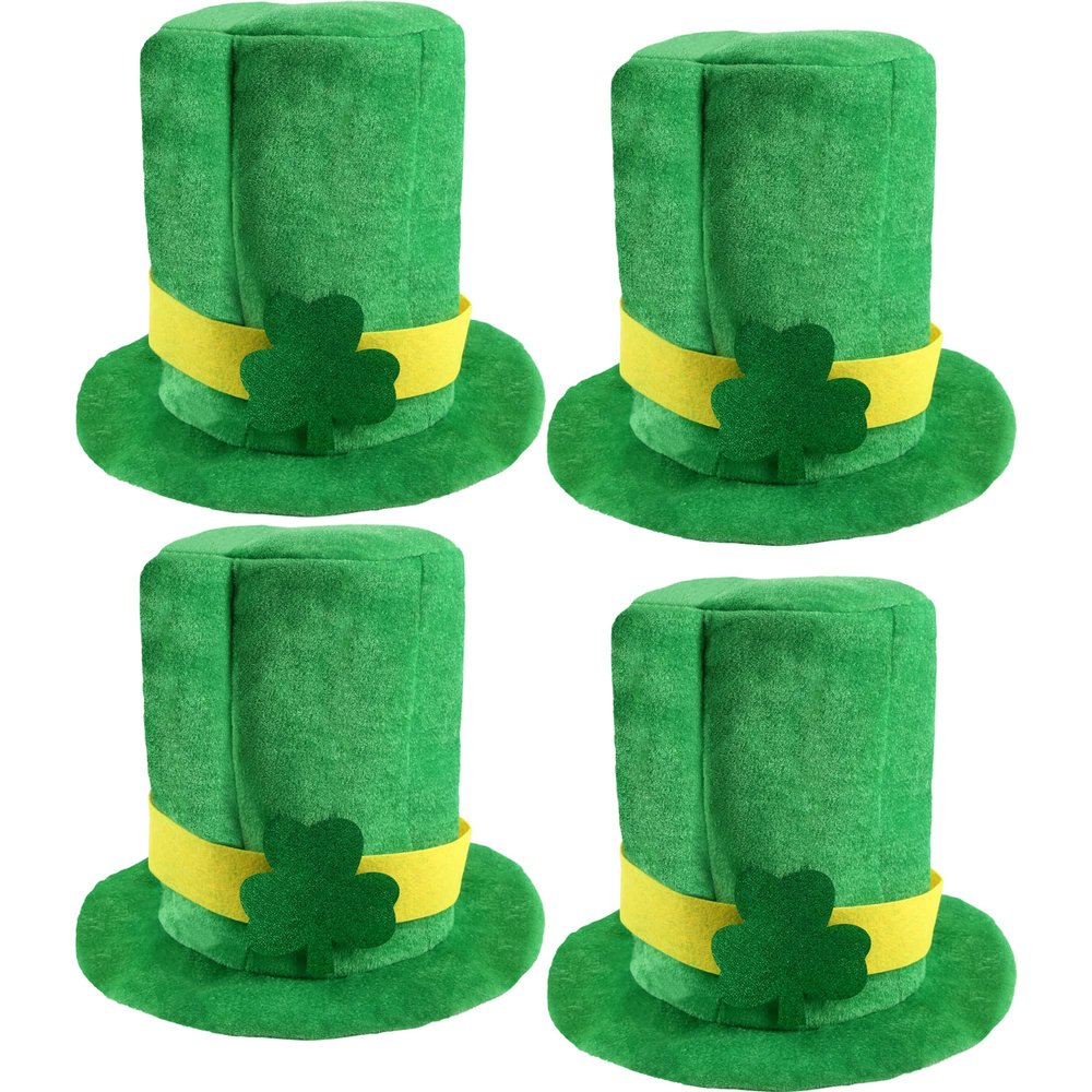 Rcanedny 4 Pack Green St. Patricks Day Hats Flannel Shamrock St Patricks Hat for Adults St. Patrick's Day Party Supplies