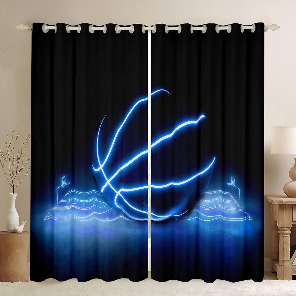 Erosebridal Neon Basketball Curtains & Drapes Sports Gamer Curtains Ball Gaming Blackout Curtains 104Wx96L for Boys Kids Blue Glowing Court Black Out Curtains Black Window Drapes