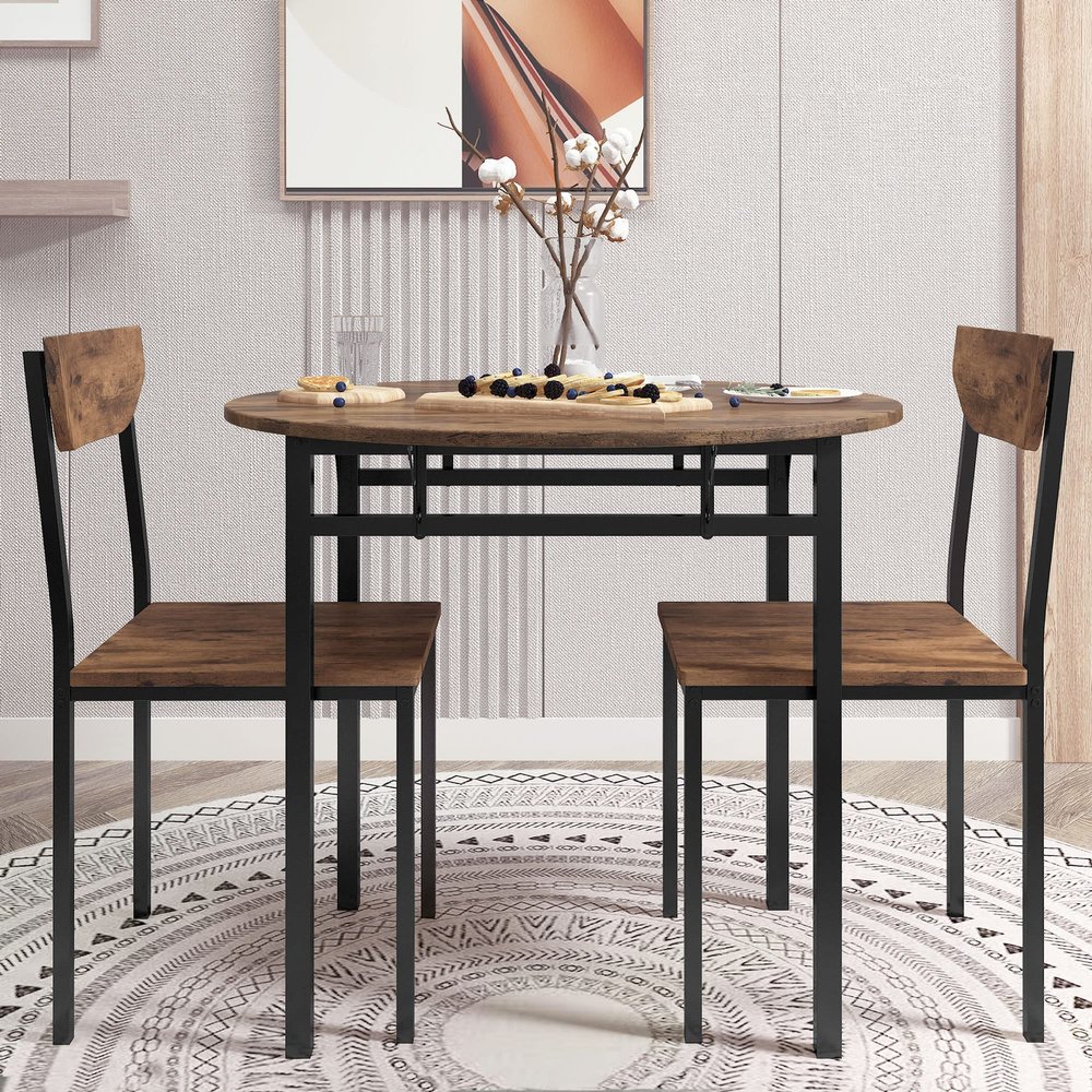 Bellemave Modern 3-Piece Round Dining Table Set with Drop Leaf and 2 Chairs,Kitchen Table Set for Small Space/Apartment(Black +Brown)