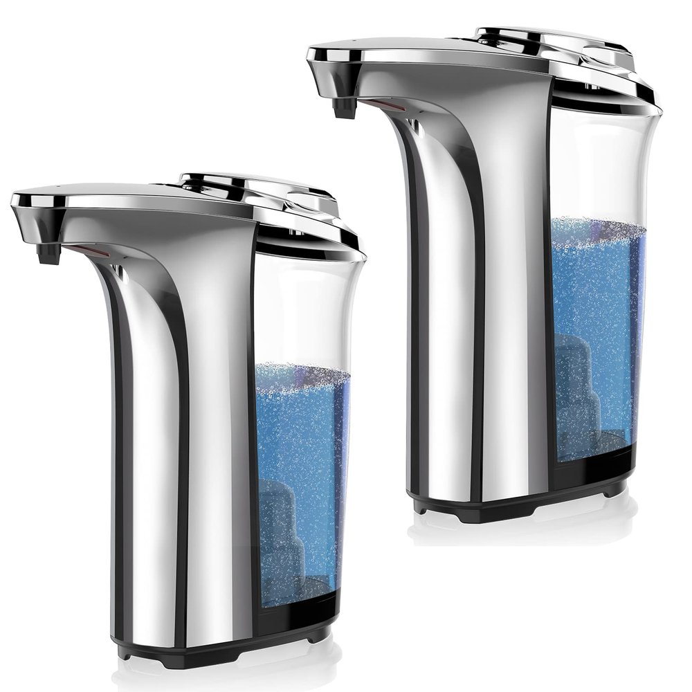PZOTRUF Automatic Soap Dispenser, Touchless Dish Soap Dispenser 17oz/500ml with Upgraded Infrared Sensor, 5 Adjustable Soap Dispensing Levels, Liquid Hand Dispenser for Bathroom (Silver Set)