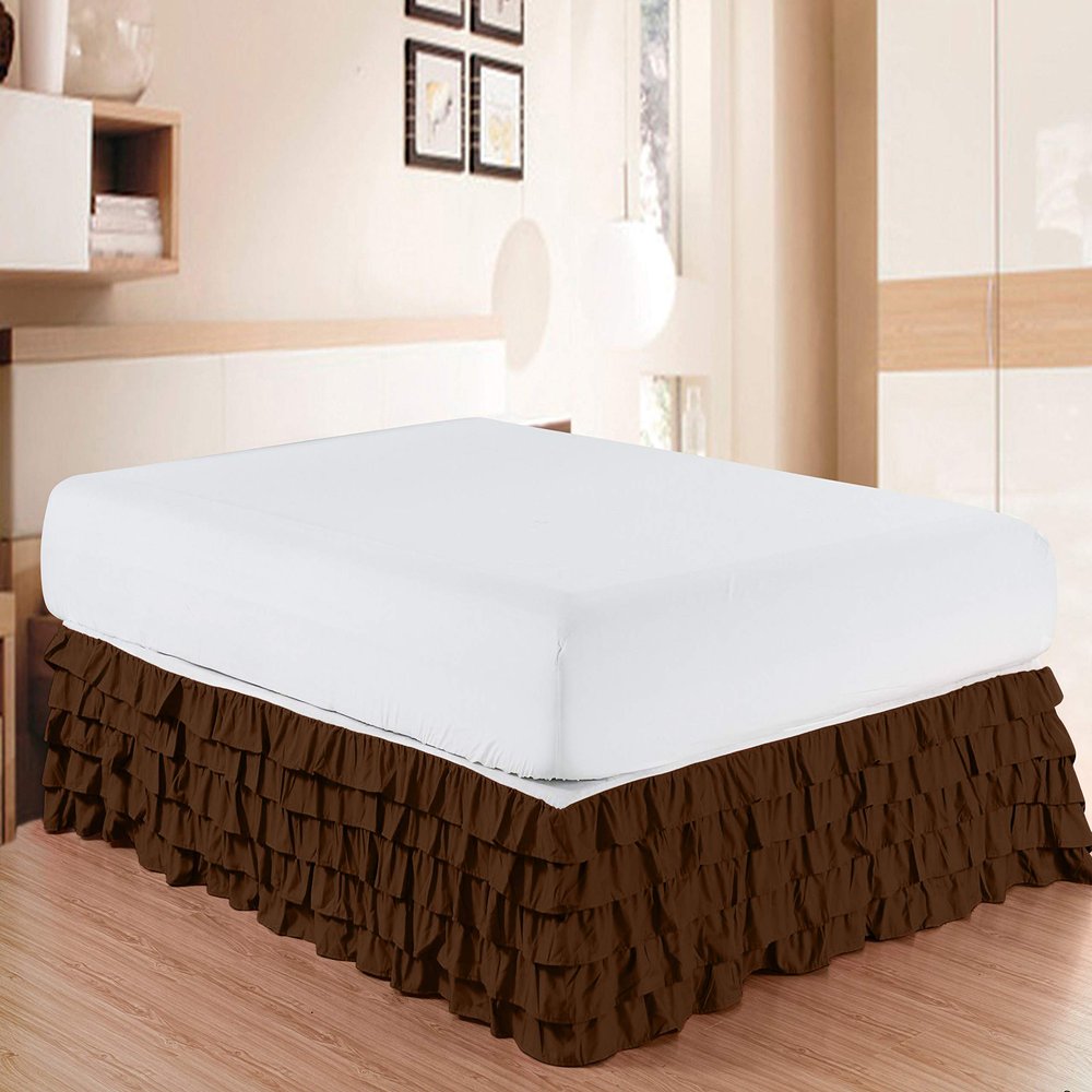 Bed Skirt - 100% Pure Cotton 800 Thread Count Multi-Ruffle Bed Skirt - Luxury Multi Ruffle Bed Skirt Elastic Dust Ruffles with Wrap Around, Easy Fit with 21" Drop, Twin, Brown