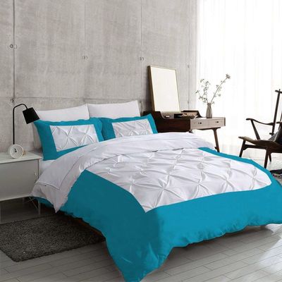 Dual Tone Pinch Pleated 3 Piece Duvet Cover Set Full Size 1000 TC (Duvet Cover + 2 Pillowshams) Zipper & Corner Ties Bedding Set - Turquoise Blue & White