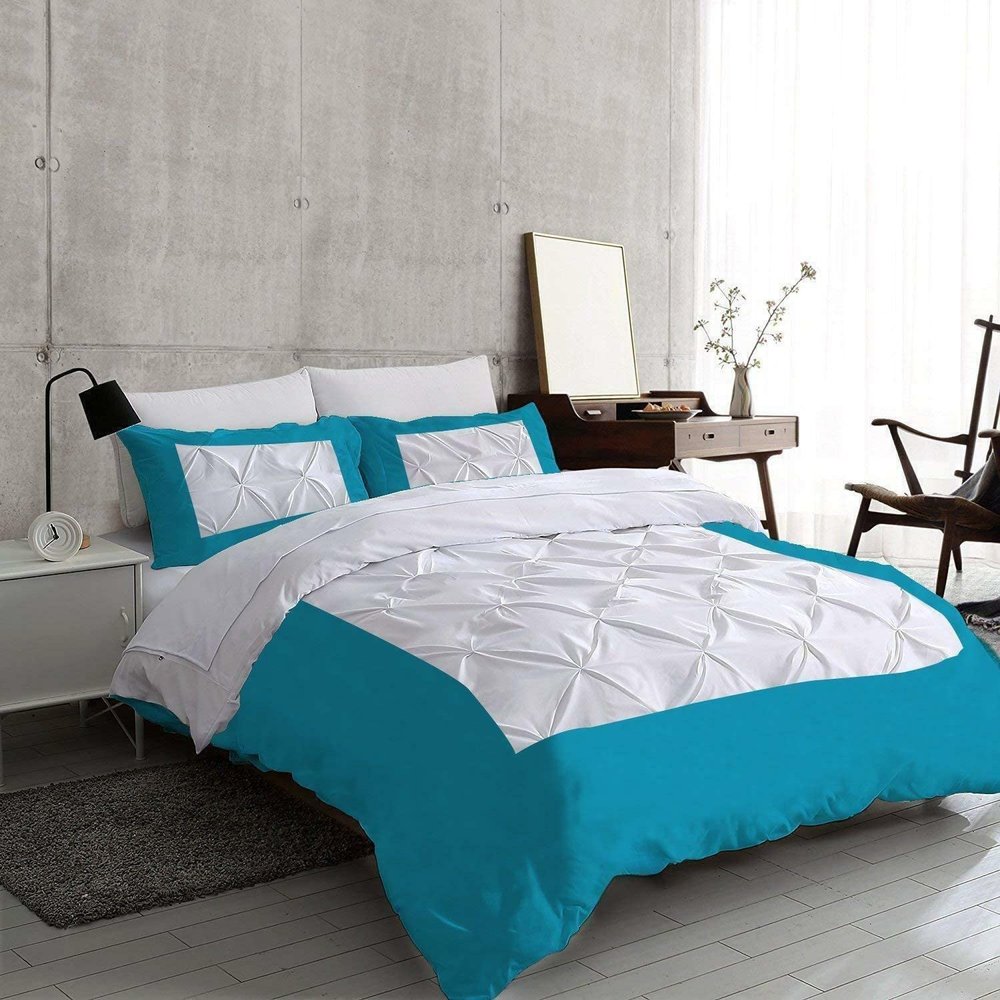 Dual Tone Pinch Pleated 3 Piece Duvet Cover Set Full Size 1000 TC (Duvet Cover + 2 Pillowshams) Zipper & Corner Ties Bedding Set - Turquoise Blue & White