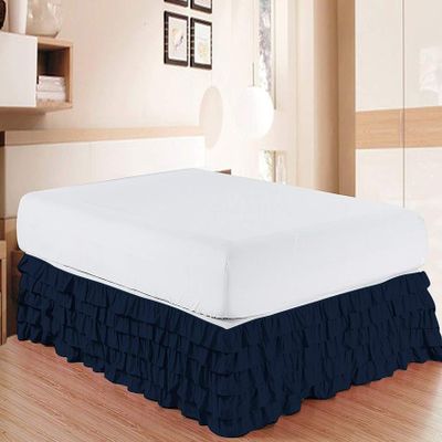 Bed Skirt - Pure Natural Cotton 800 Thread Count Multi-Ruffle Bed Skirt - Luxury Multi Ruffle Bed Skirt Elastic Dust Ruffles with Wrap Around, Easy Fit with 15" Drop, King XL, Navy Blue