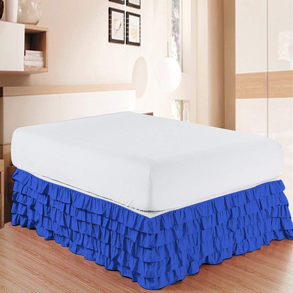 Bed Skirt - Pure Natural Cotton 800 Thread Count Multi-Ruffle Bed Skirt - Luxury Multi Ruffle Bed Skirt Elastic Dust Ruffles with Wrap Around, Easy Fit with 15" Drop, Full, Royal Blue