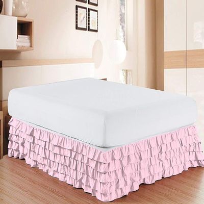 Bed Skirt - Pure Natural Cotton 800 Thread Count Multi-Ruffle Bed Skirt - Luxury Multi Ruffle Bed Skirt Elastic Dust Ruffles with Wrap Around, Easy Fit with 15" Drop, Full, Pink