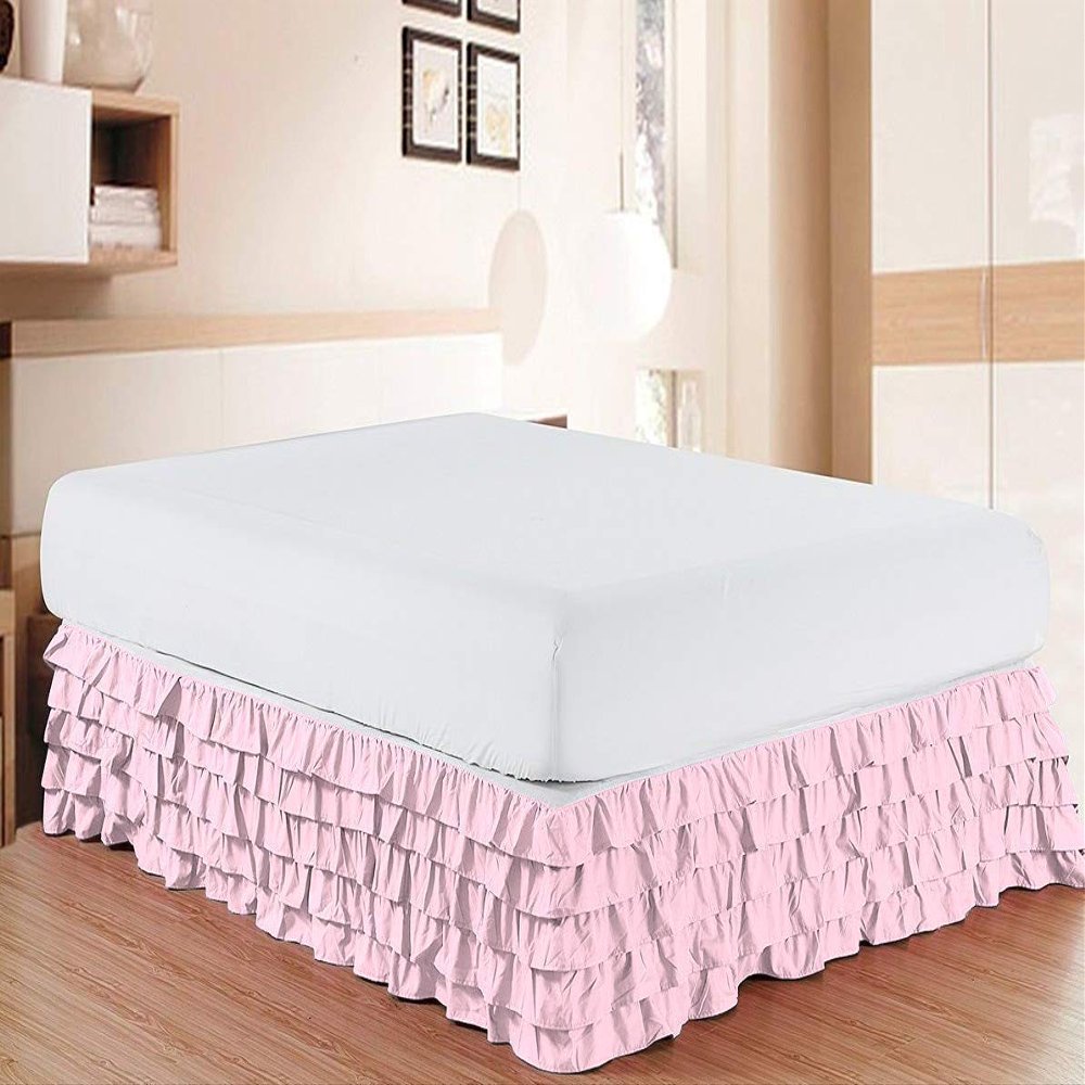Bed Skirt - Pure Natural Cotton 800 Thread Count Multi-Ruffle Bed Skirt - Luxury Multi Ruffle Bed Skirt Elastic Dust Ruffles with Wrap Around, Easy Fit with 15" Drop, Full, Pink