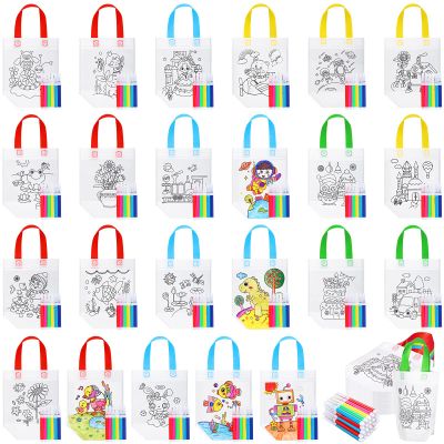 Chunful 24 Pcs Coloring Goodie Gift Bags for Kids Birthday Party Reusable Coloring Tote Bags Cute Cartoon Colorful Party Favor Non Woven with Colorful Pens DIY Crafts (Lovely with Maker)