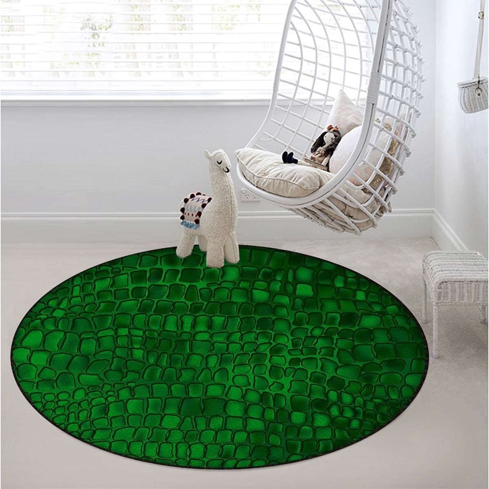 Abstract Soft Microfiber Polyester Non-Slip Round Mat/Runner, Plush Water Absorbent Accent Rug for Bathroom Vanity, Bathtub/Shower, Alligator Skin Pattern Luxury Lifestyle,Green Diameter 60 in
