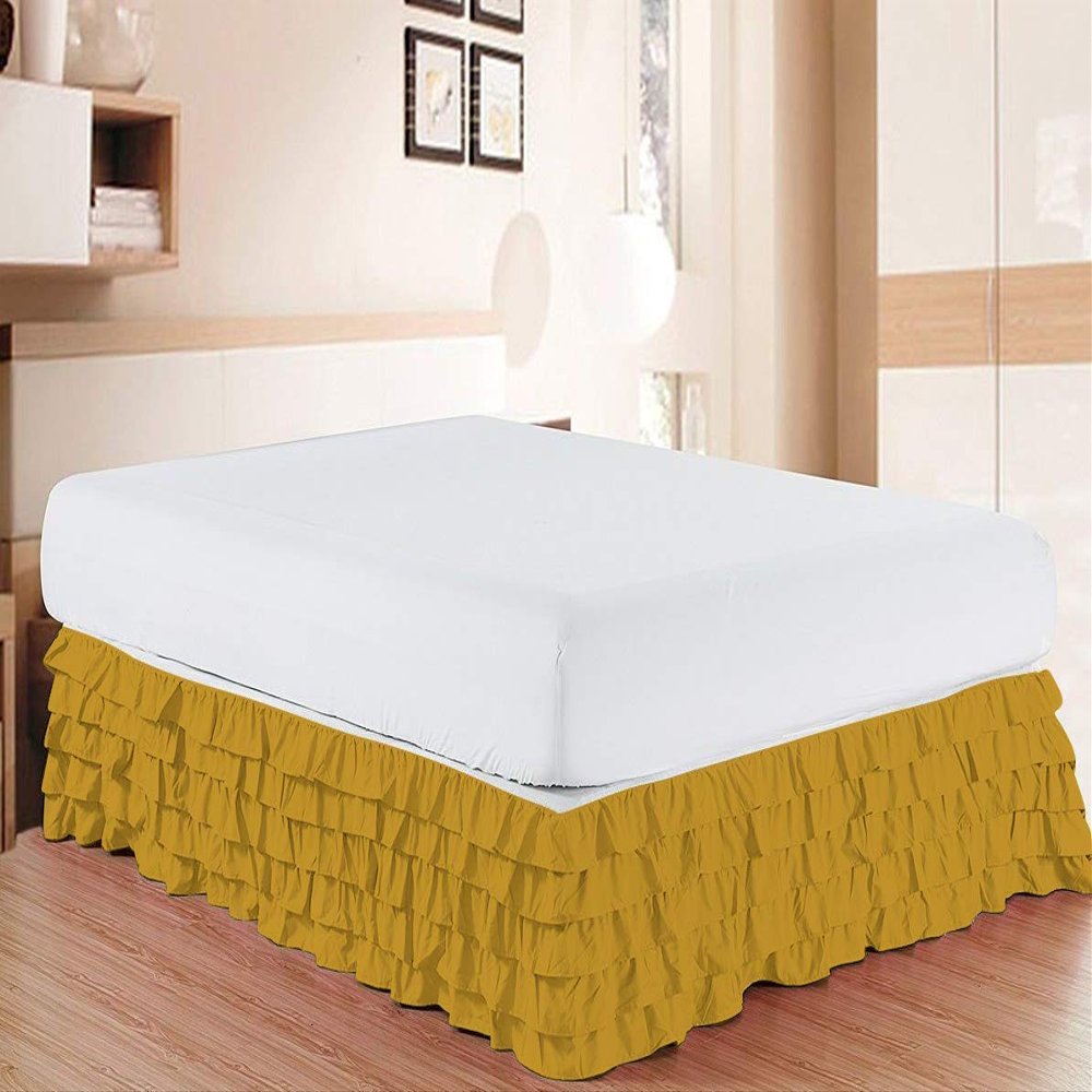 Bed Skirt - 100% Pure Cotton 800 Thread Count Multi-Ruffle Bed Skirt - Luxury Multi Ruffle Bed Skirt Elastic Dust Ruffles with Wrap Around, Easy Fit with 21" Drop, Short Queen, Gold