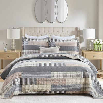SahSahCasa Quilt Queen Size, Queen Quilt Set, 100% Cotton Queen Quilt Bedding Set Bedspreads, Farmhouse Reversible Patchwork Lightweight Plaid Quilts Bedspread for All Season, Gray/Brown, 3PCs