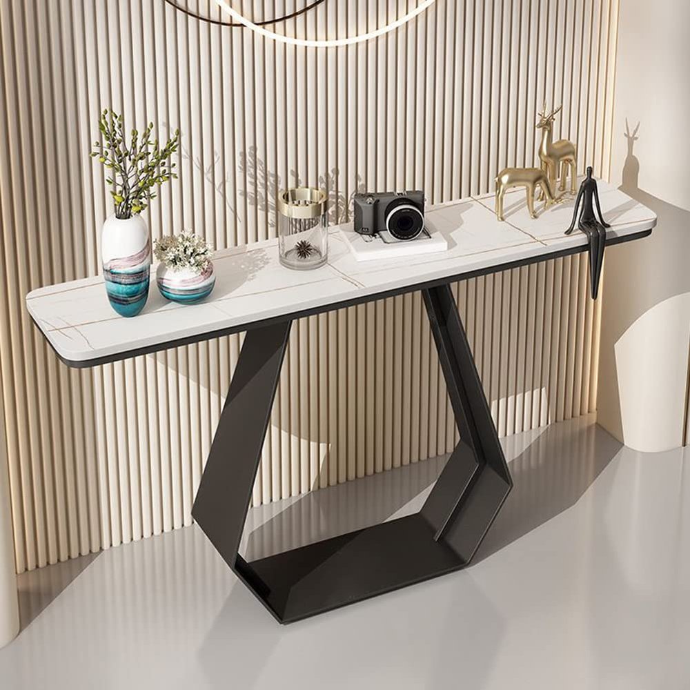 KWOKING Rectangle Glam Console Accent Table Antique Finish Console Sofa Table Slate Porch Table Against The Wall Entry Porch Cabinet Hotel Table Case Black Base White Top 55" L x 12" W x 31" H