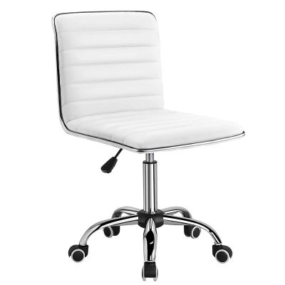 BIMPER Office Desk Chair White Wheels Chairs Small Vanity Chair Low Back Faux Leather Ribbed Swivel Chair Rolling Desk Chair for Girls Comfy Chair for Bedroom(2 sets