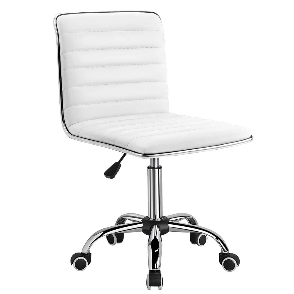 BIMPER Office Desk Chair White Wheels Chairs Small Vanity Chair Low Back Faux Leather Ribbed Swivel Chair Rolling Desk Chair for Girls Comfy Chair for Bedroom(2 sets