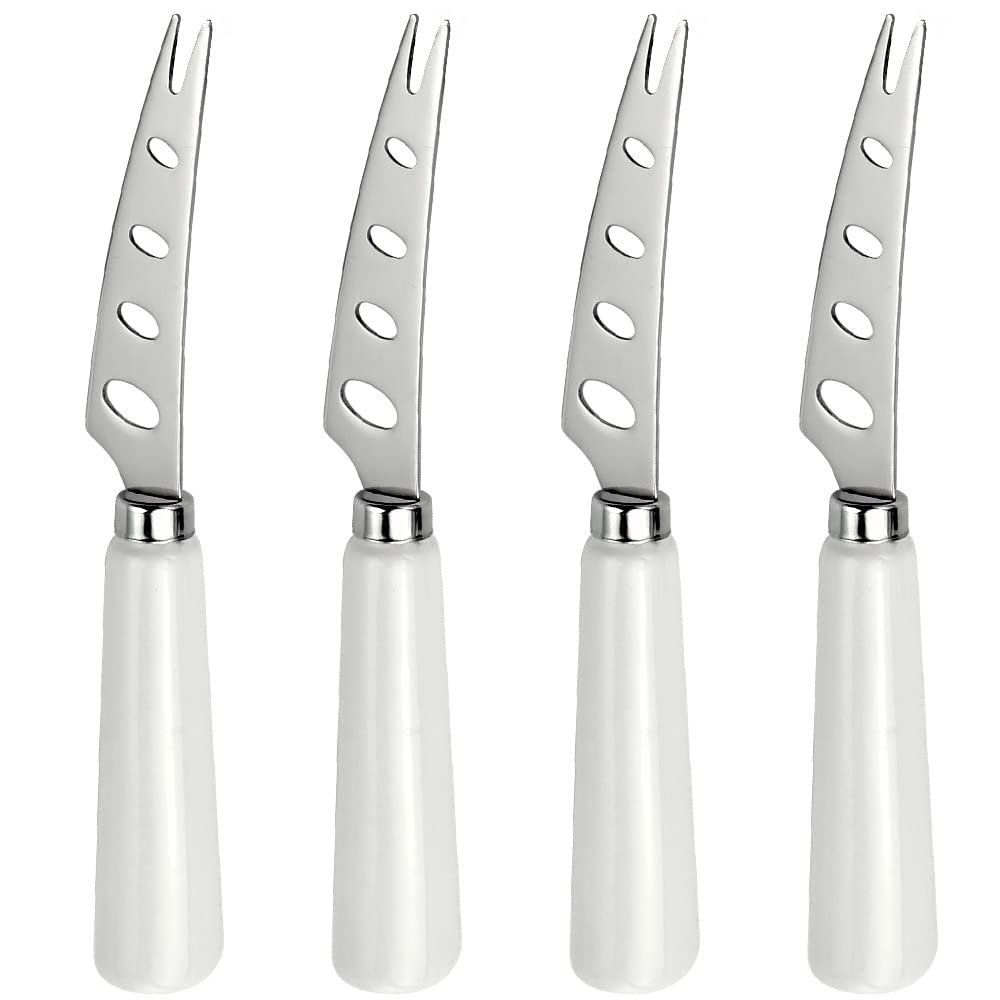 4 Pieces PRONGED Cheese knife 6.5inch Fine smooth finish SUS430 Stainless Steel 6inch Cheese Slicer Cheese Cutter with White Ceramic Handle good hand grip
