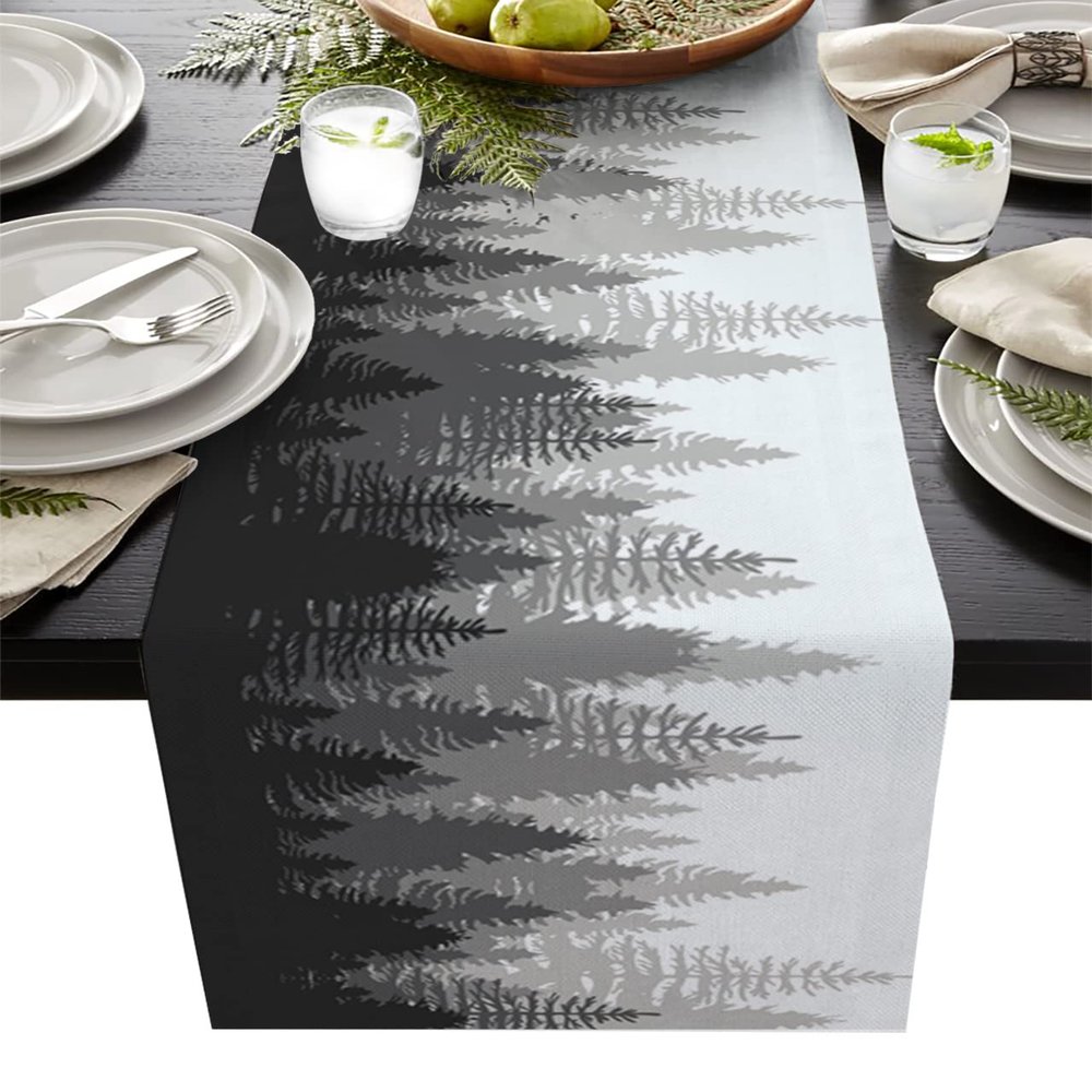 LEOSUCRE Cotton Linen Table Runner 70 Inches Long, Gray Forest Table Runners Non-Slip Dresser Scarf Table Setting Decor for Farmhouse Kitchen Dinner Party Holiday Abstract Ombre Tree Silhouette