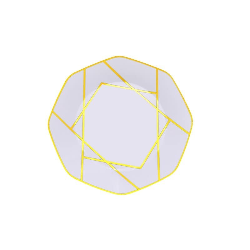 Balsa Circle 10 Octagon 8" White Salad Plastic Plates Gold Geometric Design Disposable Tableware Wedding Party Events Catering Supplies