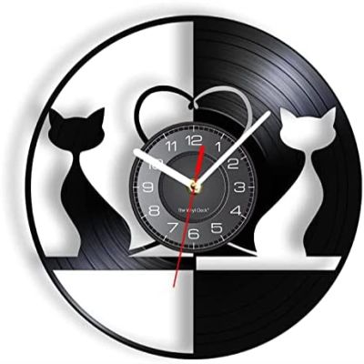 30cm Wall Clock Cat Couple Modern Wall Clock Black Cat Silhouette Wall Decor Vinyl Record Wall Clock Housewarming Gift for Cat Lovers