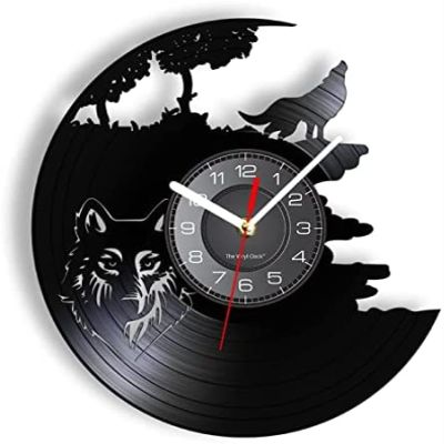 30cm Wall Clock Vintage Wolves Howling at The Moon Wall Clock Wildlife Animals Wolves Vinyl Wall Clock Men Cave Decoration Gift for Wolf Lovers