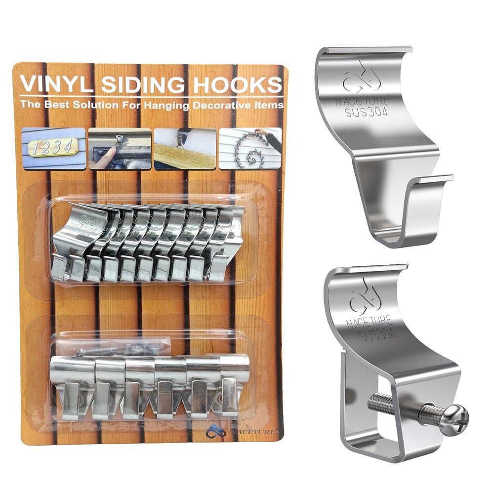 NACETURE Vinyl Siding Hooks & Screws - 16 Pack Heavy Duty No-Hole Needed Stainless Steel Hanger for Outdoor Mount Home Security Camera